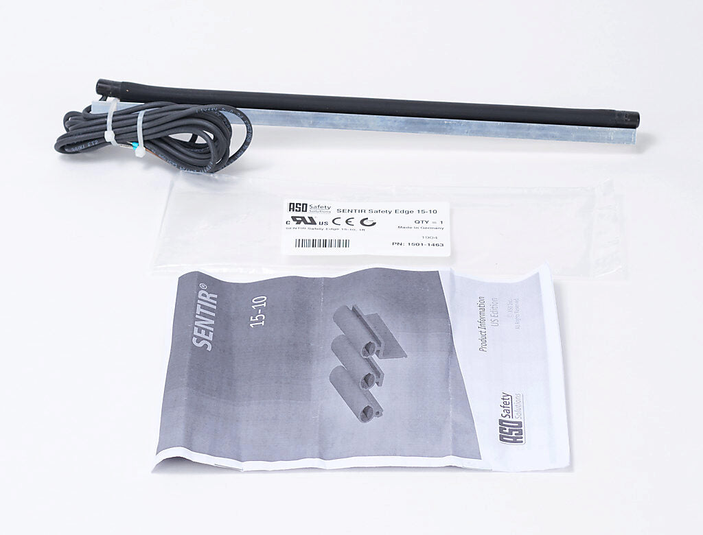 ASO Safety Solutions safety contact edge, 15 x 10mm, 1ft length, pigtail, 8.2ft/2.5m cable length. Aluminum mounting rail included. Preassembled with 8.2k ohm resistor for 2-wire installation.-1501-1463