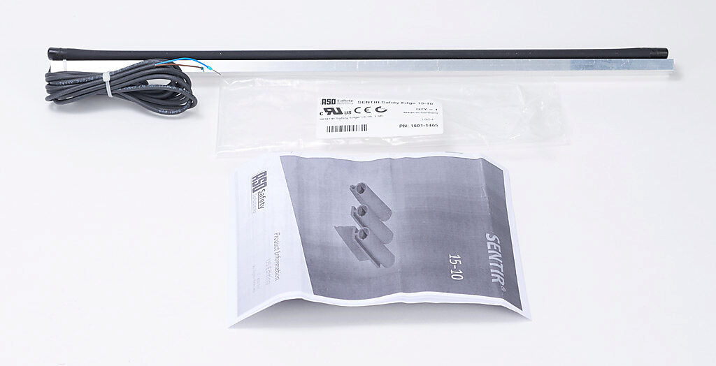 ASO Safety Solutions safety contact edge, 15 x 10mm, 1.5ft length, pigtail, 8.2ft/2.5m cable length. Aluminum mounting rail included. Preassembled with 8.2k ohm resistor for 2-wire installation.-1501-1465