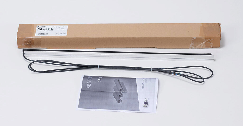 ASO Safety Solutions safety contact edge, 15 x 10mm, 1.8ft length, pigtail, 8.2ft/2.5m cable length. Aluminum mounting rail included. Preassembled with 8.2k ohm resistor for 2-wire installation.-1501-1466