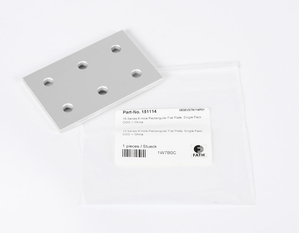 FATH rectangular flat plate, silver, 6 holes, anodized aluminum, slot size 8. For use with all 1.5in and 3in profile T-slotted rails. Manufacturer part number: 093EVD76114.-151114