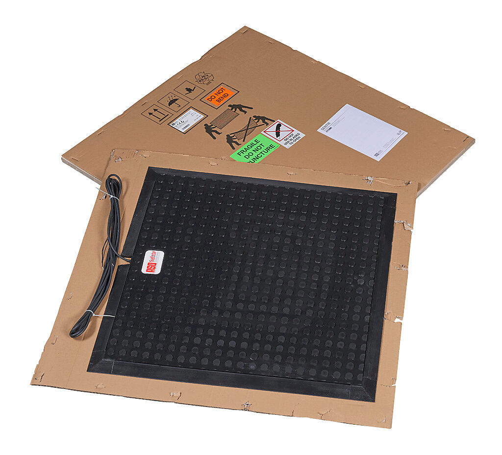 ASO Safety Solutions safety contact mat, 24 x 24in, integrated taper edge, 24 VAC/VDC operating voltage, polyurethane contact surface, black, IP65, 19.6ft/6m cable length, pigtail.-1602-4560