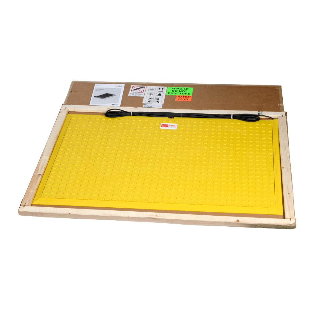 ASO Safety Solutions safety contact mat, 24 x 36in, integrated taper edge, 24 VAC/VDC operating voltage, polyurethane contact surface, yellow, IP65, 19.6ft/6m cable length, pigtail.-1602-5380