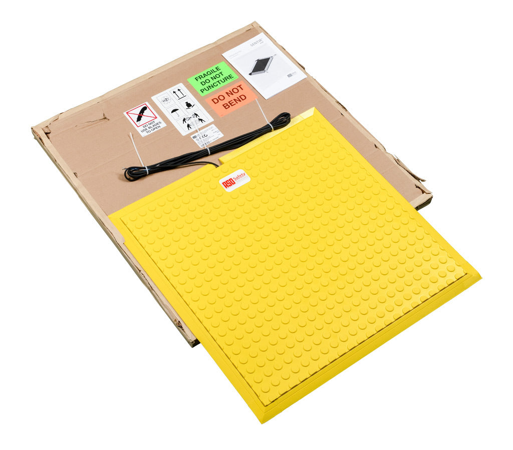 ASO Safety Solutions safety contact mat, 24 x 24in, integrated taper edge, 24 VAC/VDC operating voltage, polyurethane contact surface, yellow, IP65, 19.6ft/6m cable length, pigtail.-1602-6380