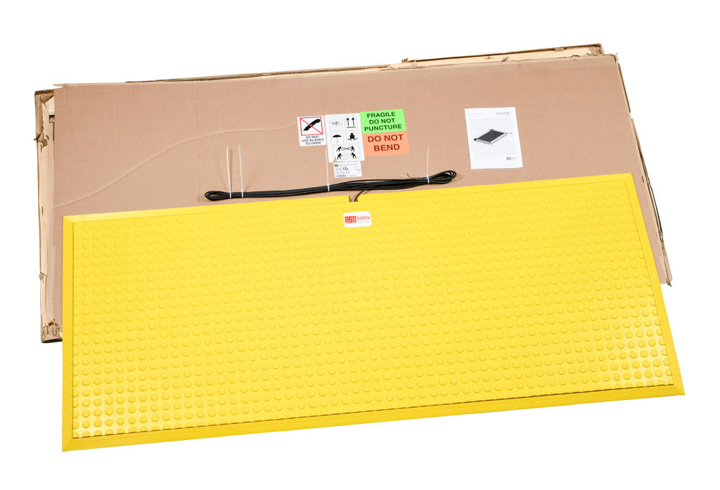 ASO Safety Solutions safety contact mat, 24 x 60in, integrated taper edge, 24 VAC/VDC operating voltage, polyurethane contact surface, yellow, IP65, 19.6ft/6m cable length, pigtail.-1602-6390