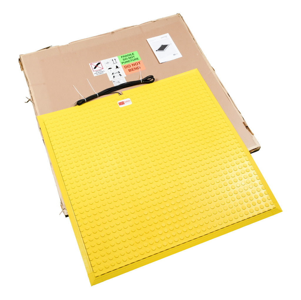 ASO Safety Solutions safety contact mat, 36 x 36in, integrated taper edge, 24 VAC/VDC operating voltage, polyurethane contact surface, yellow, IP65, 19.6ft/6m cable length, pigtail.-1602-6400