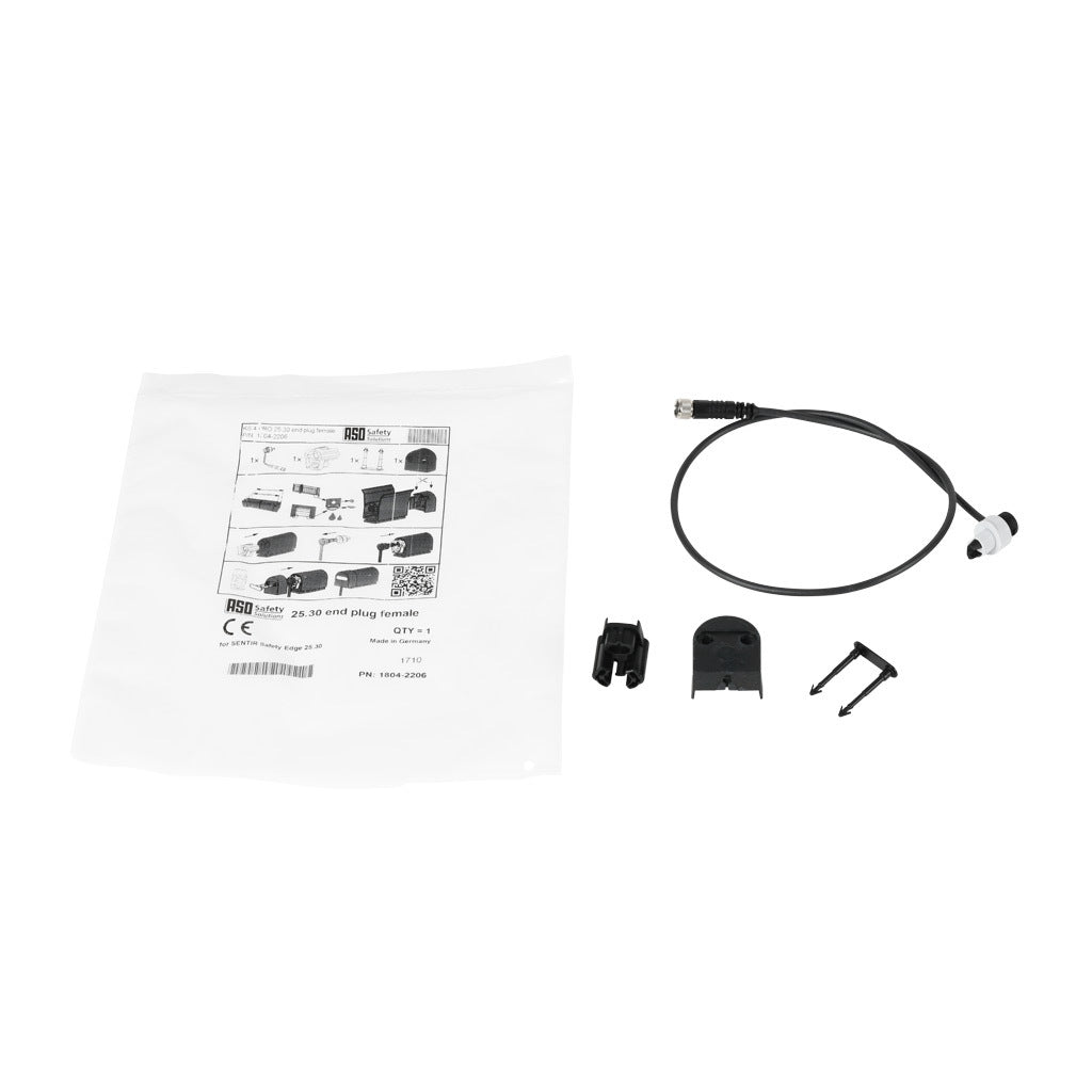 ASO Safety Solutions safety contact edge end cap, 1.6ft/0.5m cable length, 3-pin female M8. For use with 25 x 30mm safety contact edge.-1804-2206