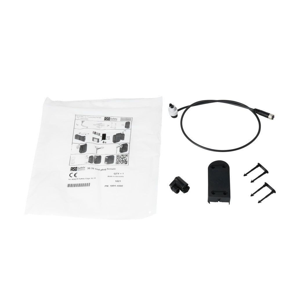ASO Safety Solutions safety contact edge end cap, 1.6ft/0.5m cable length, 3-pin female M8. For use with 30 x 70mm safety contact edge.-1804-4000