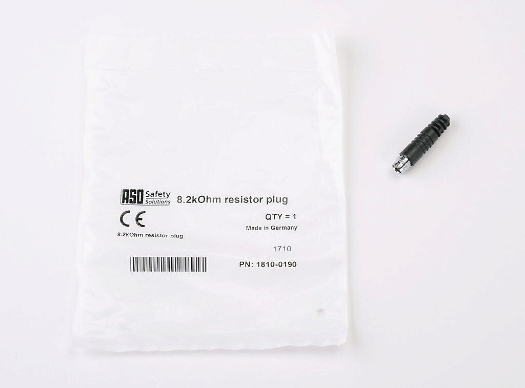 ASO Safety Solutions terminating resistor, 8.2k ohm, 3-pin male M8. For use with safety contact mats and bumpers.-1810-0190