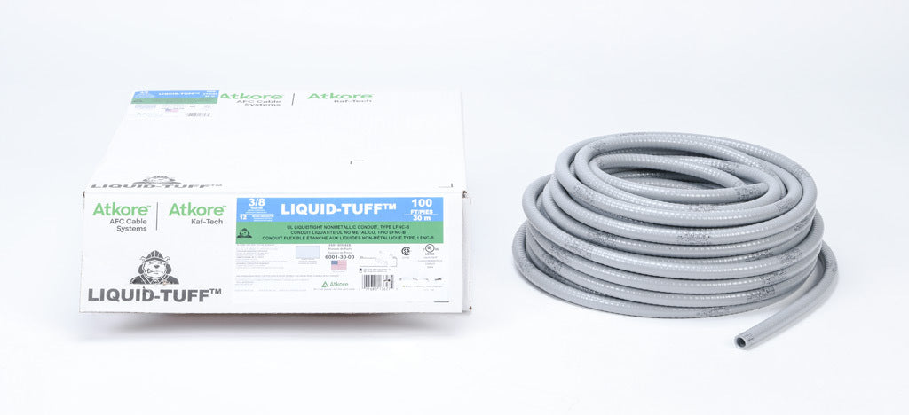 Atkore Liquid-Tuff 6000 liquid-tight flexible non-metallic conduit, embedded spiral rigid PVC, PVC wall, 3/8in trade size, gray, UL-1660 Listed, 100ft/30.4m coil length.-6001-30-00