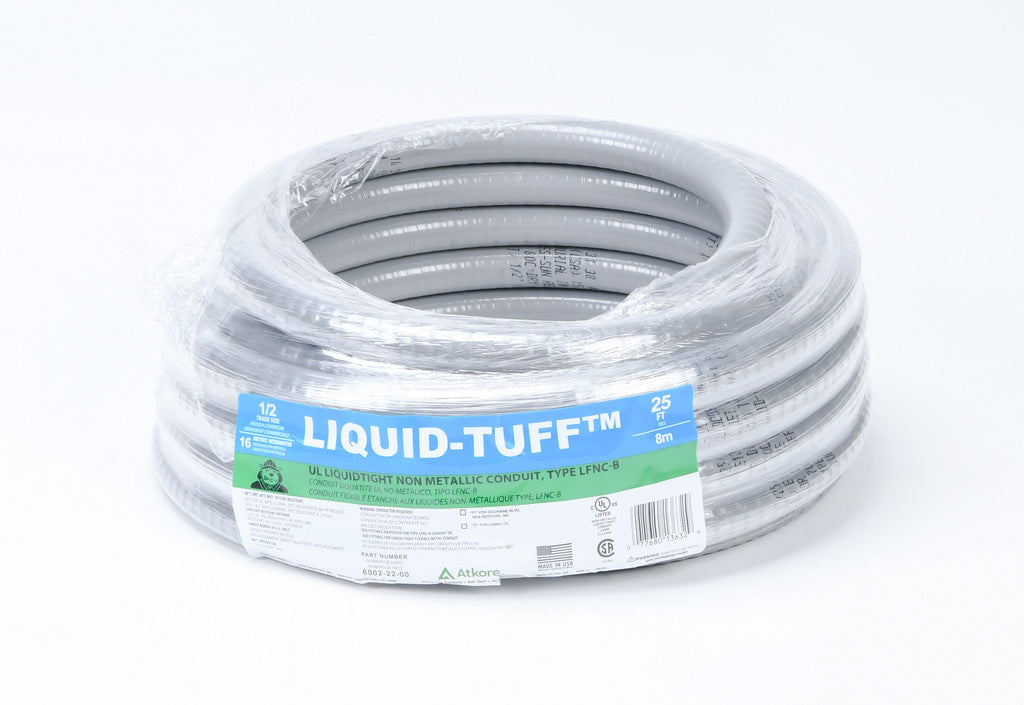 Atkore Liquid-Tuff 6000 liquid-tight flexible non-metallic conduit, embedded spiral rigid PVC, PVC wall, 1/2in trade size, gray, UL-1660 Listed, 25ft/7.6m coil length.-6002-22-00