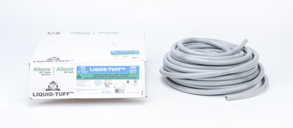 Atkore Liquid-Tuff 6000 liquid-tight flexible non-metallic conduit, embedded spiral rigid PVC, PVC wall, 1/2in trade size, gray, UL-1660 Listed, 100ft/30.4m coil length.-6002-30-00