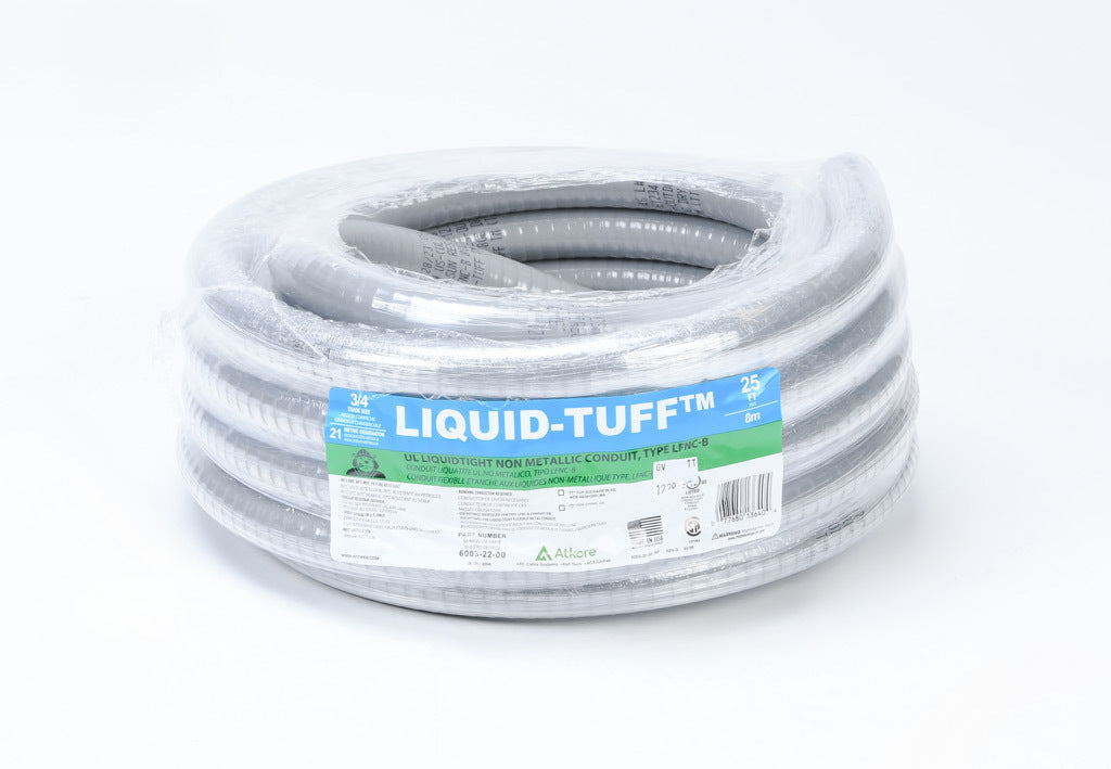 Atkore Liquid-Tuff 6000 liquid-tight flexible non-metallic conduit, embedded spiral rigid PVC, PVC wall, 3/4in trade size, gray, UL-1660 Listed, 25ft/7.6m coil length.-6003-22-00