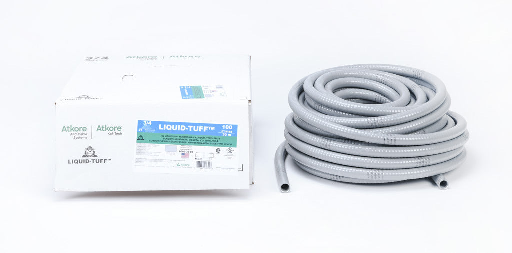 Atkore Liquid-Tuff 6000 liquid-tight flexible non-metallic conduit, embedded spiral rigid PVC, PVC wall, 3/4in trade size, gray, UL-1660 Listed, 100ft/30.4m coil length.-6003-30-00