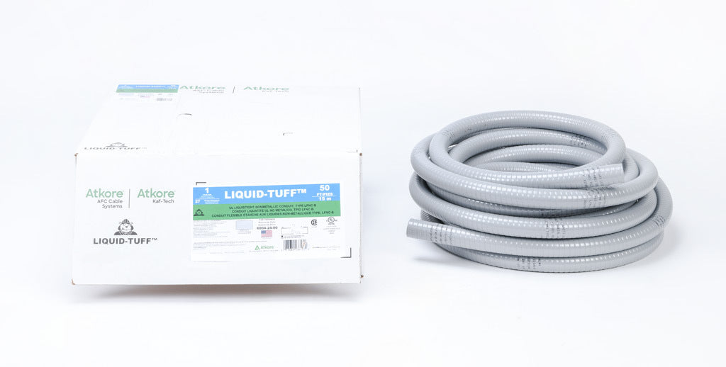 Atkore Liquid-Tuff 6000 liquid-tight flexible non-metallic conduit, embedded spiral rigid PVC, PVC wall, 1in trade size, gray, UL-1660 Listed, 50ft/15.2m coil length.-6004-24-00