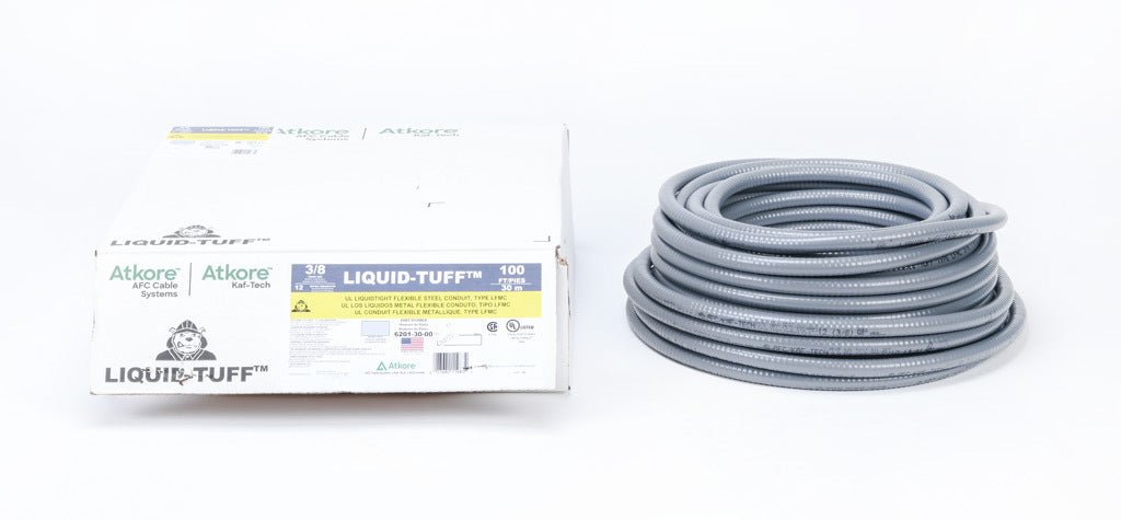 Atkore Liquid-Tuff 6200 liquid-tight flexible metallic conduit, galvanized low carbon steel, PVC jacket, 3/8in trade size, gray, UL-360 Listed, 100ft/30.4m coil length.-6201-30-00