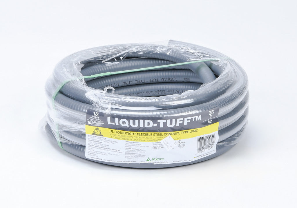 Atkore Liquid-Tuff 6200 liquid-tight flexible metallic conduit, galvanized low carbon steel, PVC jacket, 1/2in trade size, gray, UL-360 Listed, 25ft/7.6m coil length.-6202-22-00