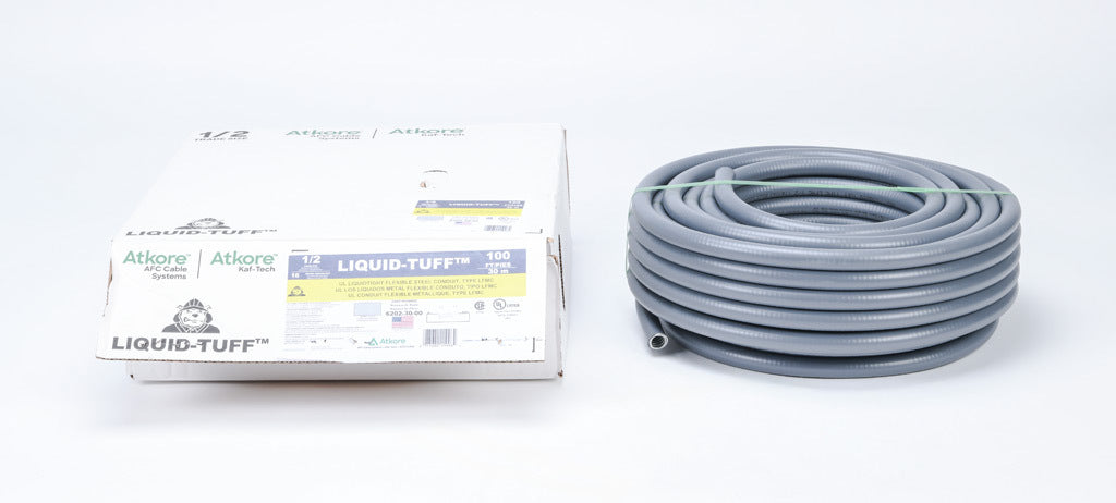 Atkore Liquid-Tuff 6200 liquid-tight flexible metallic conduit, galvanized low carbon steel, PVC jacket, 1/2in trade size, gray, UL-360 Listed, 100ft/30.4m coil length.-6202-30-00
