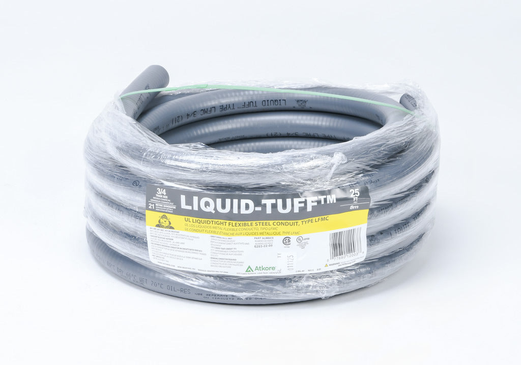 Atkore Liquid-Tuff 6200 liquid-tight flexible metallic conduit, galvanized low carbon steel, PVC jacket, 3/4in trade size, gray, UL-360 Listed, 25ft/7.6m coil length.-6203-22-00