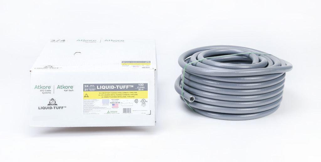 Atkore Liquid-Tuff 6200 liquid-tight flexible metallic conduit, galvanized low carbon steel, PVC jacket, 3/4in trade size, gray, UL-360 Listed, 100ft/30.4m coil length.-6203-30-00