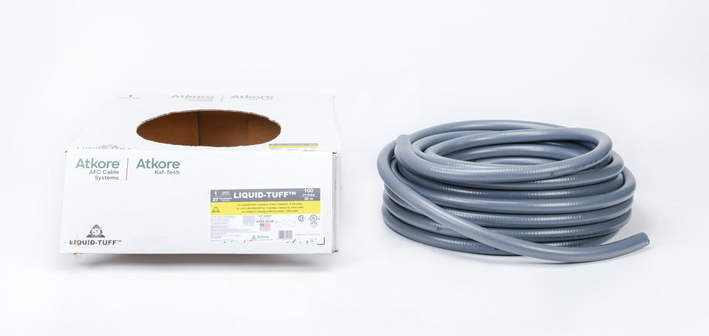 Atkore Liquid-Tuff 6200 liquid-tight flexible metallic conduit, galvanized low carbon steel, PVC jacket, 1in trade size, gray, UL-360 Listed, 100ft/30.4m coil length.-6204-30-00