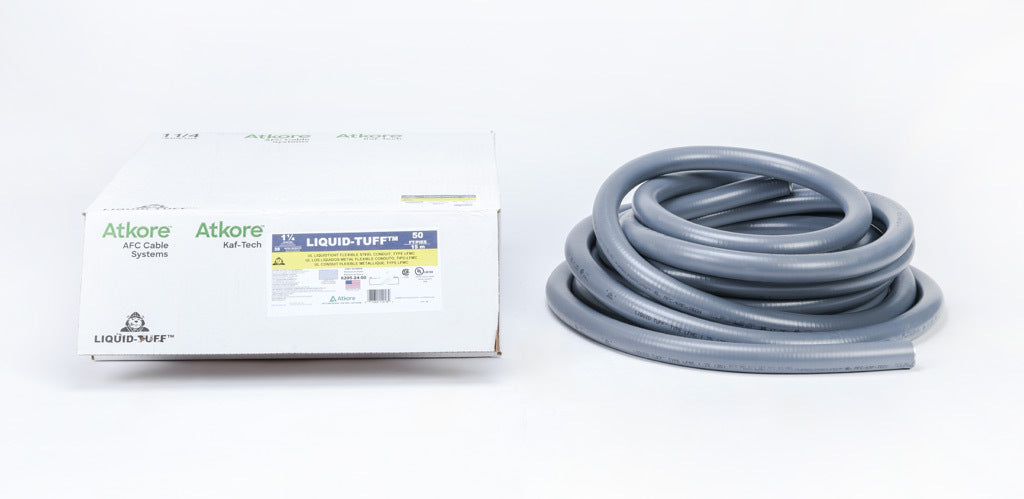 Atkore Liquid-Tuff 6200 liquid-tight flexible metallic conduit, galvanized low carbon steel, PVC jacket, 1-1/4in trade size, gray, UL-360 Listed, 50ft/15.2m coil length.-6205-24-00