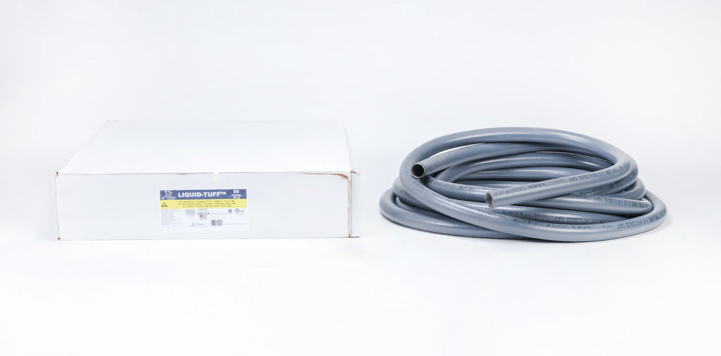 Atkore Liquid-Tuff 6200 liquid-tight flexible metallic conduit, galvanized low carbon steel, PVC jacket, 1-1/2in trade size, gray, UL-360 Listed, 50ft/15.2m coil length.-6206-24-00