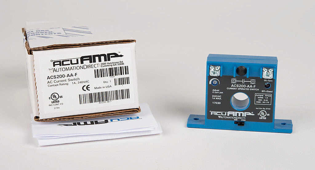 AcuAMP AC current switch, fixed core, 1-6, 6-40, or 40-175A selectable sensing range, 1-175A adjustable trip point, 4-turn potentiometer, solid state switch, N.O. output, 1A @ 240 VAC output rating.-ACS200-AA-F