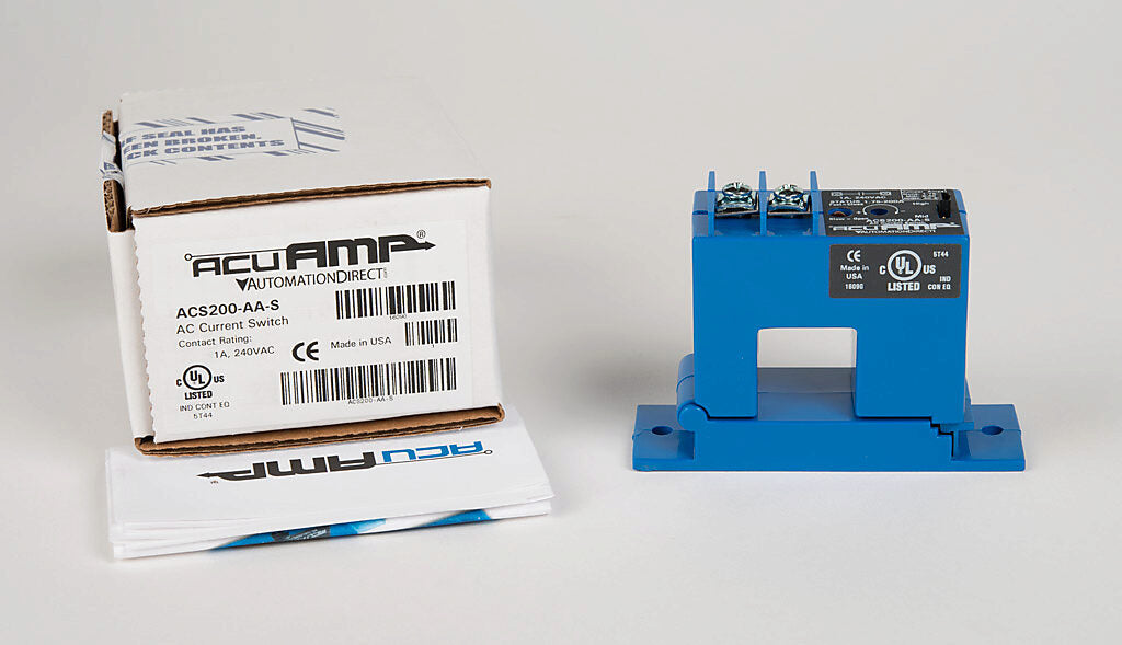 AcuAMP AC current switch, split core, 1.75-6, 6-40, or 40-200A selectable sensing range, 1.75-200A adjustable trip point, 4-turn potentiometer, solid state switch, N.O. output, 1A @ 240 VAC output rating.-ACS200-AA-S