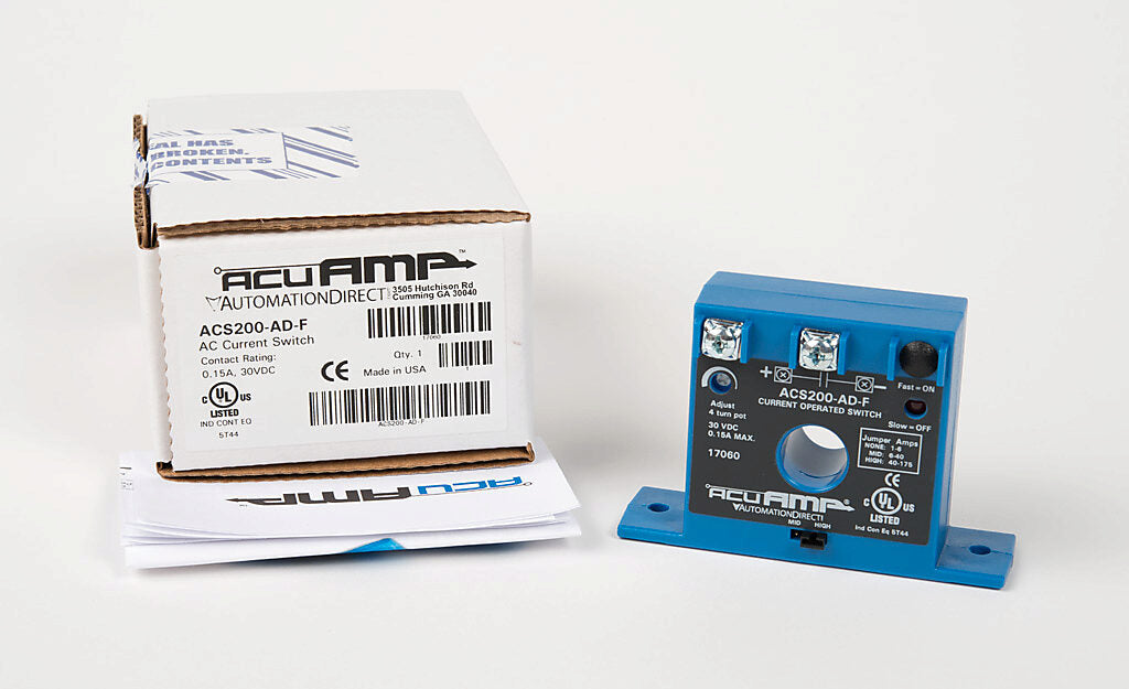 AcuAMP AC current switch, fixed core, 1-6, 6-40, or 40-175A selectable sensing range, 1-175A adjustable trip point, 4-turn potentiometer, solid state switch, N.O. output, 0.15A @ 30 VDC output rating.-ACS200-AD-F