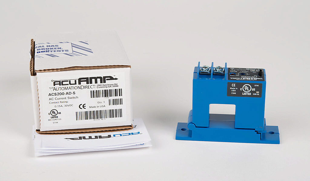 AcuAMP AC current switch, split core, 1.75-6, 6-40, or 40-200A selectable sensing range, 1.75-200A adjustable trip point, 4-turn potentiometer, solid state switch, N.O. output, 0.15A @ 30 VDC output rating.-ACS200-AD-S