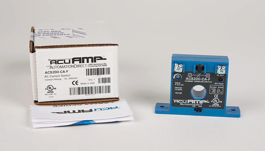 AcuAMP AC current switch, fixed core, 1-6, 6-40, or 40-175A selectable sensing range, 1-175A adjustable trip point, 4-turn potentiometer, solid state switch, N.C. output, 1A @ 240 VAC output rating.-ACS200-CA-F