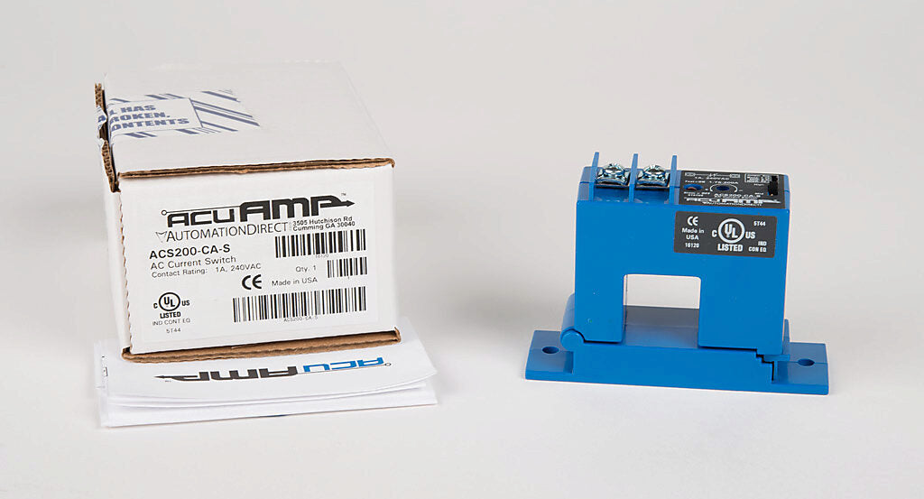 AcuAMP AC current switch, split core, 1.75-6, 6-40, or 40-200A selectable sensing range, 1.75-200A adjustable trip point, 4-turn potentiometer, solid state switch, N.C. output, 1A @ 240 VAC output rating.-ACS200-CA-S