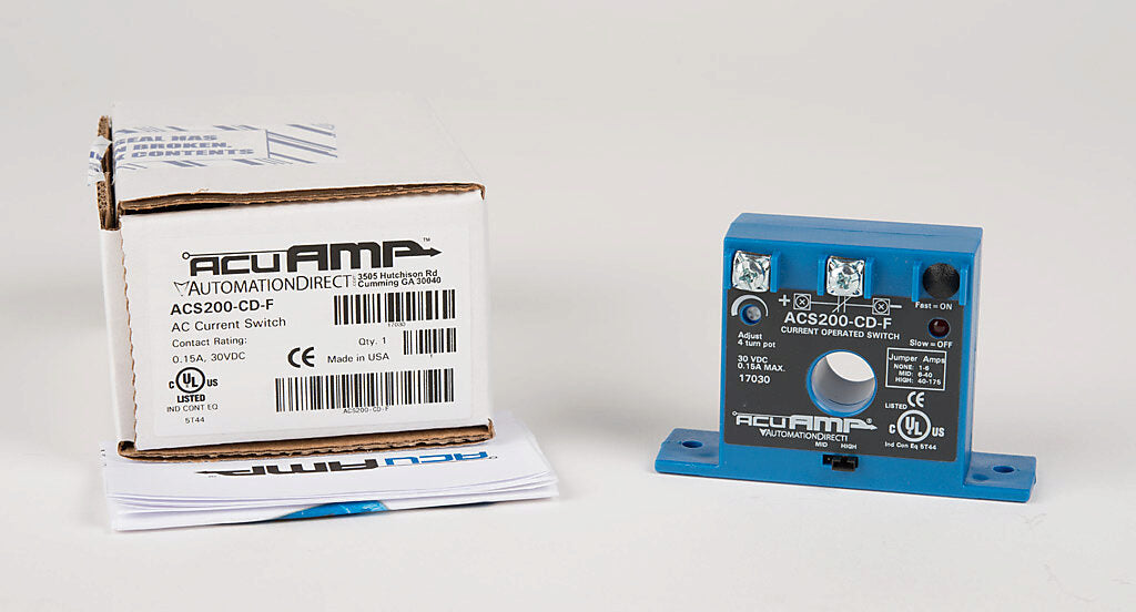 AcuAMP AC current switch, fixed core, 1-6, 6-40, or 40-175A selectable sensing range, 1-175A adjustable trip point, 4-turn potentiometer, solid state switch, N.C. output, 0.15A @ 30 VDC output rating.-ACS200-CD-F