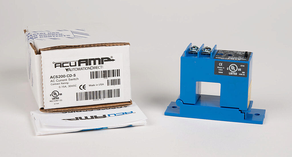 AcuAMP AC current switch, split core, 1.75-6, 6-40, or 40-200A selectable sensing range, 1.75-200A adjustable trip point, 4-turn potentiometer, solid state switch, N.C. output, 0.15A @ 30 VDC output rating.-ACS200-CD-S