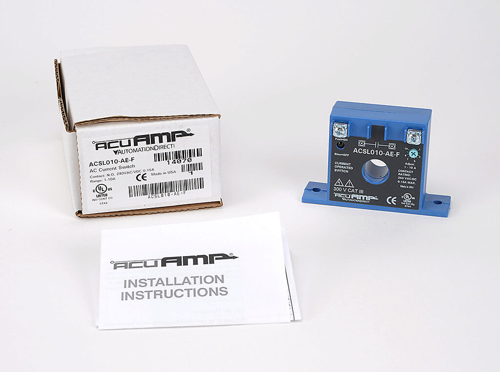AcuAMP AC current switch, fixed core, 0-150A sensing range, 1-10A adjustable trip point, single-turn scaled potentiometer, solid state switch, N.O. output, 0.15A @ 240 VAC/VDC output rating.-ACSL010-AE-F