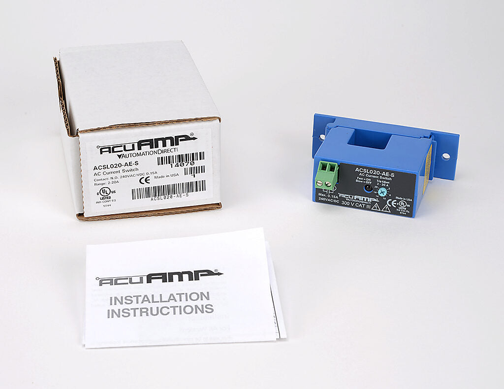 AcuAMP AC current switch, split core, 0-150A sensing range, 2-20A adjustable trip point, single-turn scaled potentiometer, solid state switch, N.O. output, 0.15A @ 240 VAC/VDC output rating.-ACSL020-AE-S