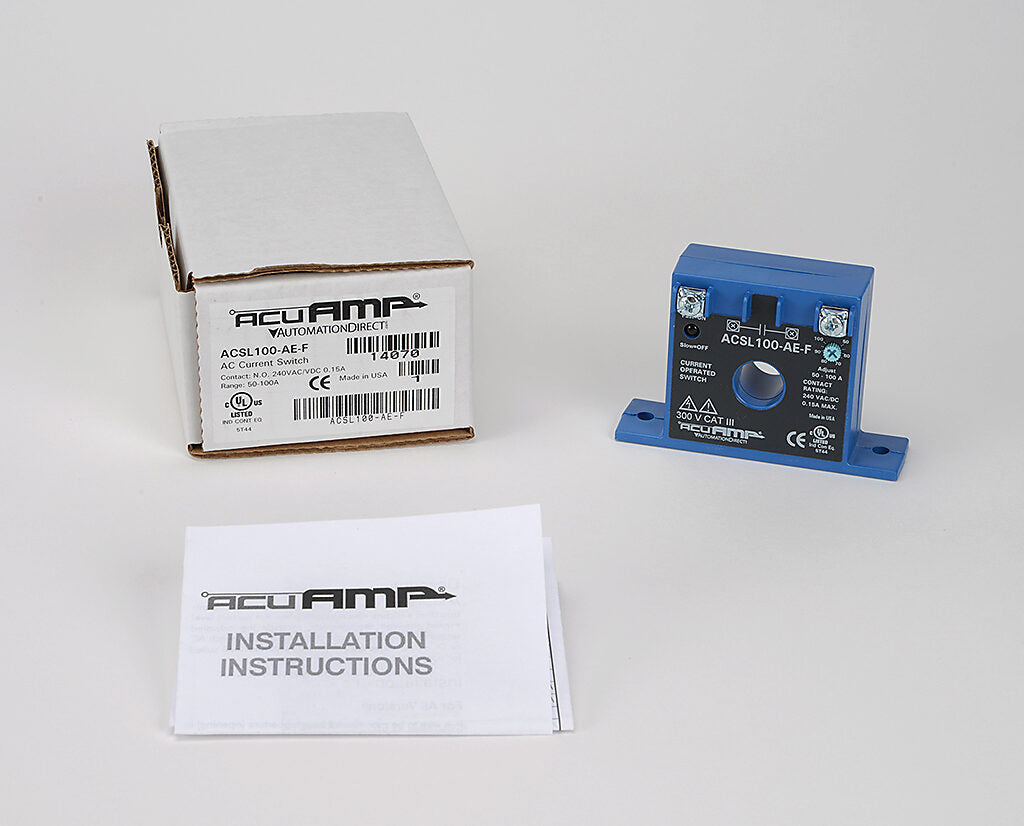 AcuAMP AC current switch, fixed core, 0-150A sensing range, 50-100A adjustable trip point, single-turn scaled potentiometer, solid state switch, N.O. output, 0.15A @ 240 VAC/VDC output rating.-ACSL100-AE-F