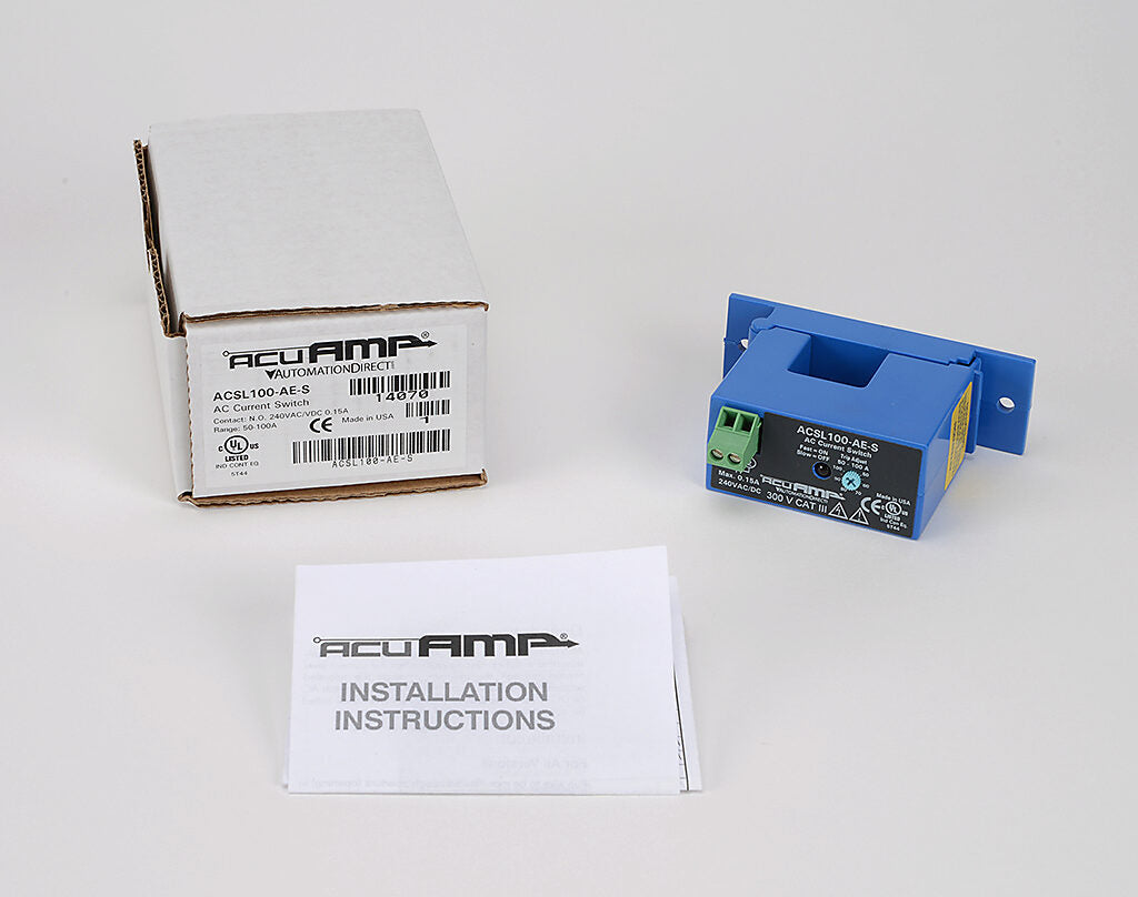 AcuAMP AC current switch, split core, 0-150A sensing range, 50-100A adjustable trip point, single-turn scaled potentiometer, solid state switch, N.O. output, 0.15A @ 240 VAC/VDC output rating.-ACSL100-AE-S