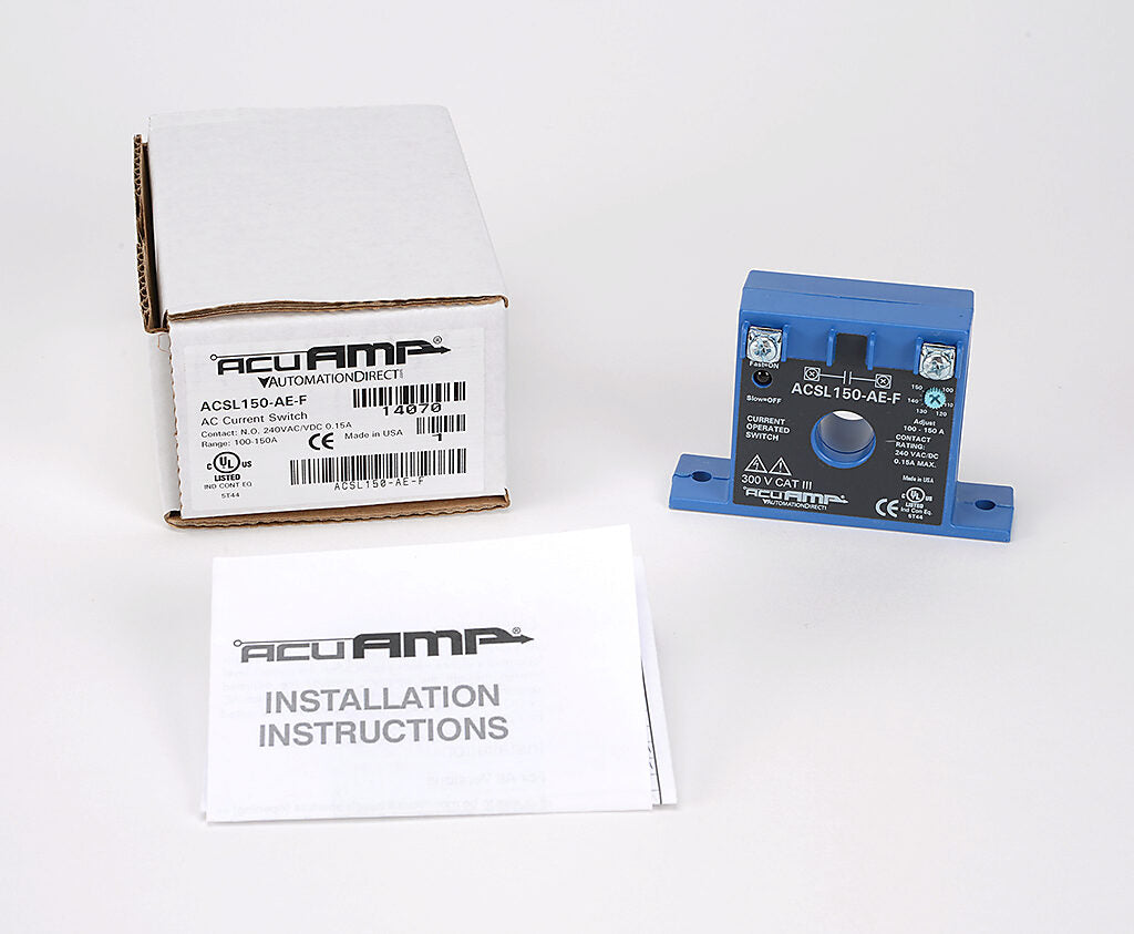 AcuAMP AC current switch, fixed core, 0-150A sensing range, 100-150A adjustable trip point, single-turn scaled potentiometer, solid state switch, N.O. output, 0.15A @ 240 VAC/VDC output rating.-ACSL150-AE-F