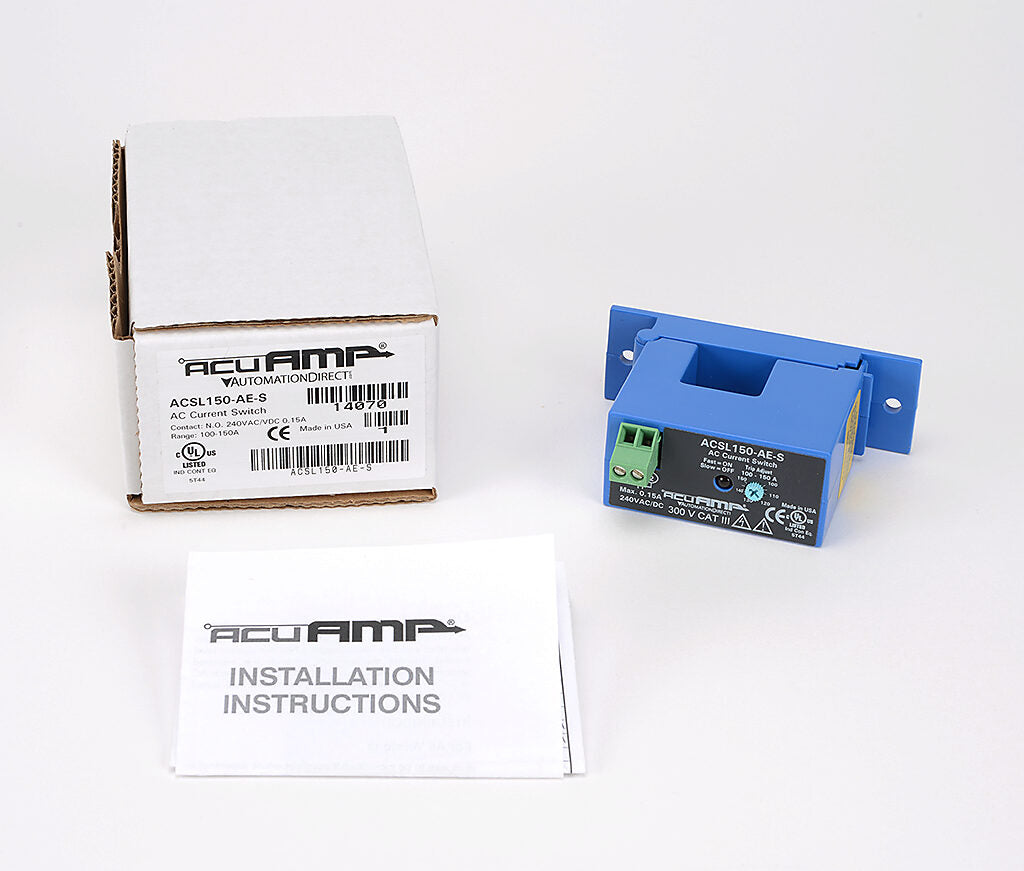 AcuAMP AC current switch, split core, 0-150A sensing range, 100-150A adjustable trip point, single-turn scaled potentiometer, solid state switch, N.O. output, 0.15A @ 240 VAC/VDC output rating.-ACSL150-AE-S