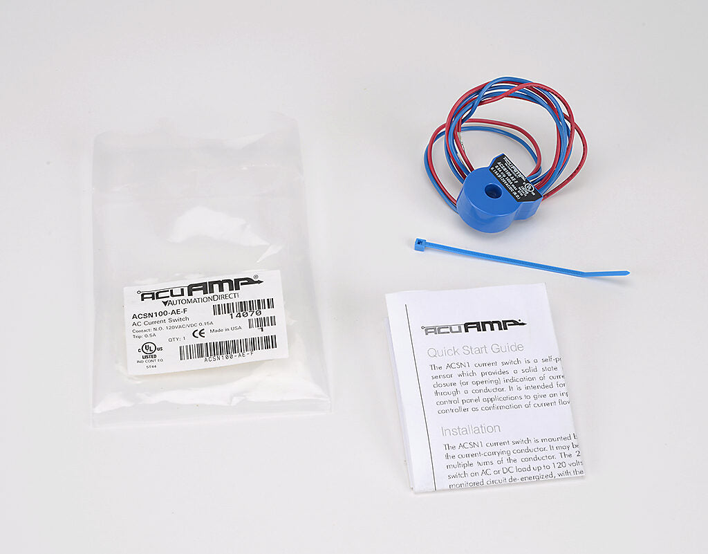 AcuAMP AC current switch, fixed core, 0-100A sensing range, 0.5A non-adjustable trip point, solid state switch, N.O. output, 0.15A @ 120 VAC/VDC output rating.-ACSN100-AE-F