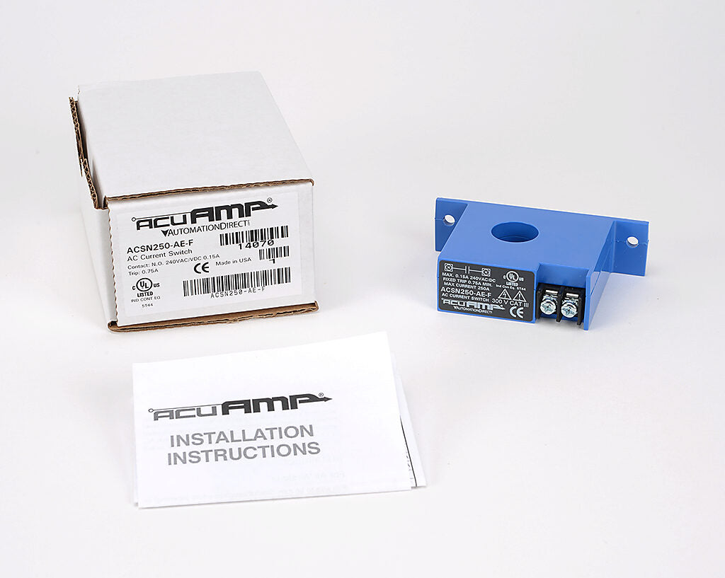 AcuAMP AC current switch, fixed core, 0-250A sensing range, 0.75A non-adjustable trip point, solid state switch, N.O. output, 0.15A @ 240 VAC/VDC output rating.-ACSN250-AE-F