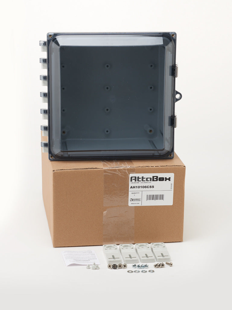AttaBox Heartland series enclosure, NEMA 1/3R/4/4X/12, 10 x 10 x 6in (HxWxD), wall mount, polycarbonate, Pantone 7541 C light gray, smoked polycarbonate single-door, stainless steel quick-release latch.-AH10106CSS