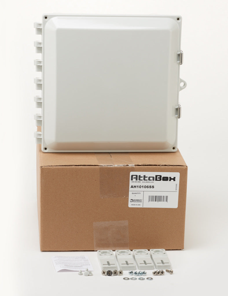 AttaBox Heartland series enclosure, NEMA 1/3R/4/4X/12, 10 x 10 x 6in (HxWxD), wall mount, polycarbonate, Pantone 7541 C light gray, single-door, stainless steel quick-release latch.-AH10106SS