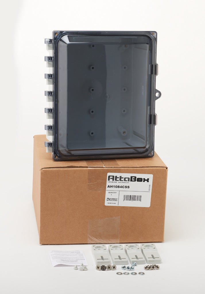 AttaBox Heartland series enclosure, NEMA 1/3R/4/4X/12, 10 x 8 x 4in (HxWxD), wall mount, polycarbonate, Pantone 7541 C light gray, smoked polycarbonate single-door, stainless steel quick-release latch.-AH1084CSS