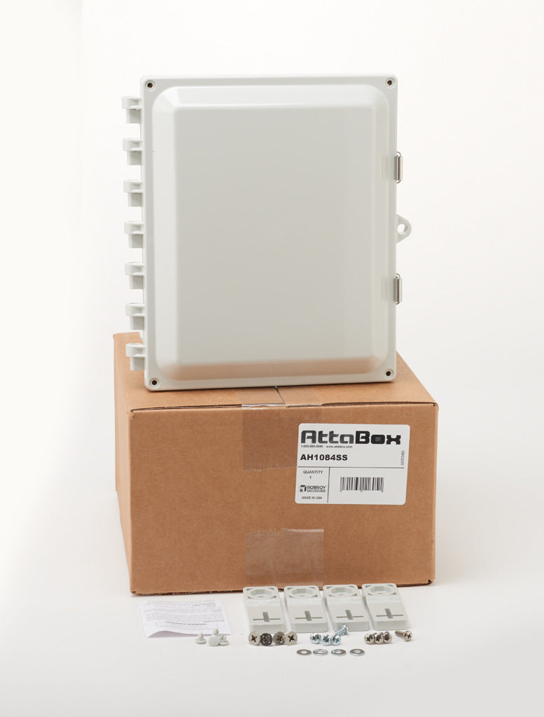 AttaBox Heartland series enclosure, NEMA 1/3R/4/4X/12, 10 x 8 x 4in (HxWxD), wall mount, polycarbonate, Pantone 7541 C light gray, single-door, stainless steel quick-release latch.-AH1084SS