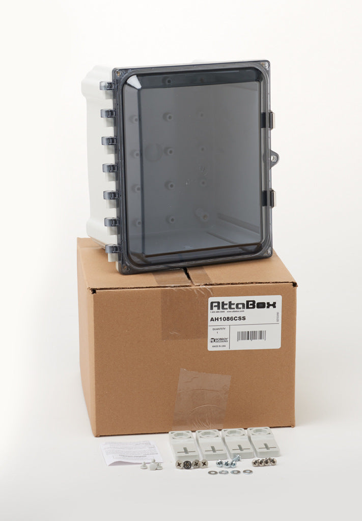 AttaBox Heartland series enclosure, NEMA 1/3R/4/4X/12, 10 x 8 x 6in (HxWxD), wall mount, polycarbonate, Pantone 7541 C light gray, smoked polycarbonate single-door, stainless steel quick-release latch.-AH1086CSS