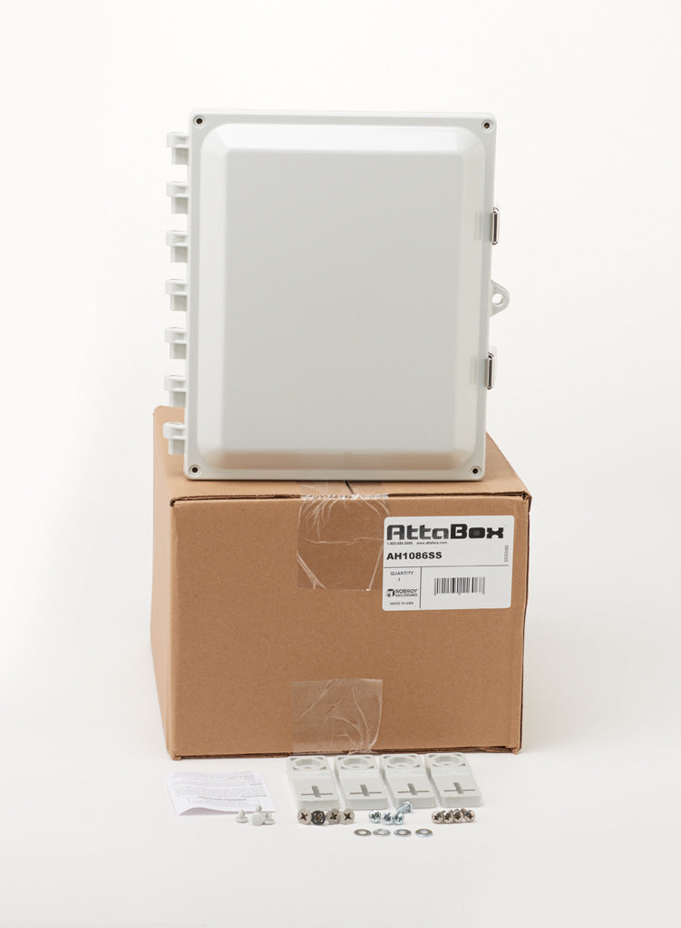 AttaBox Heartland series enclosure, NEMA 1/3R/4/4X/12, 10 x 8 x 6in (HxWxD), wall mount, polycarbonate, Pantone 7541 C light gray, single-door, stainless steel quick-release latch.-AH1086SS