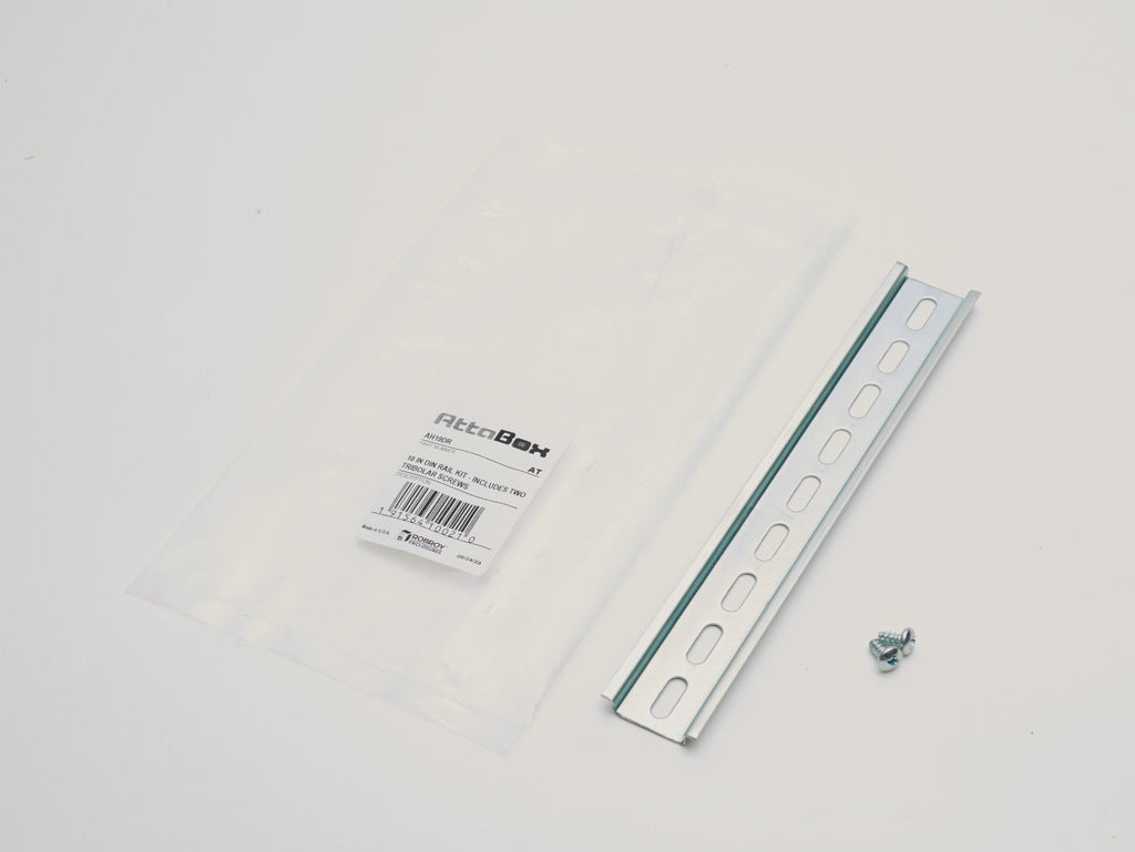 AttaBox DIN rail, slotted, 35mm width, 7mm height, 8.9in length, plated steel. For use with AHx108xxxx, AHxx1010xxxx and AHxx1210xxxx Heartland series enclosures.-AH10DR