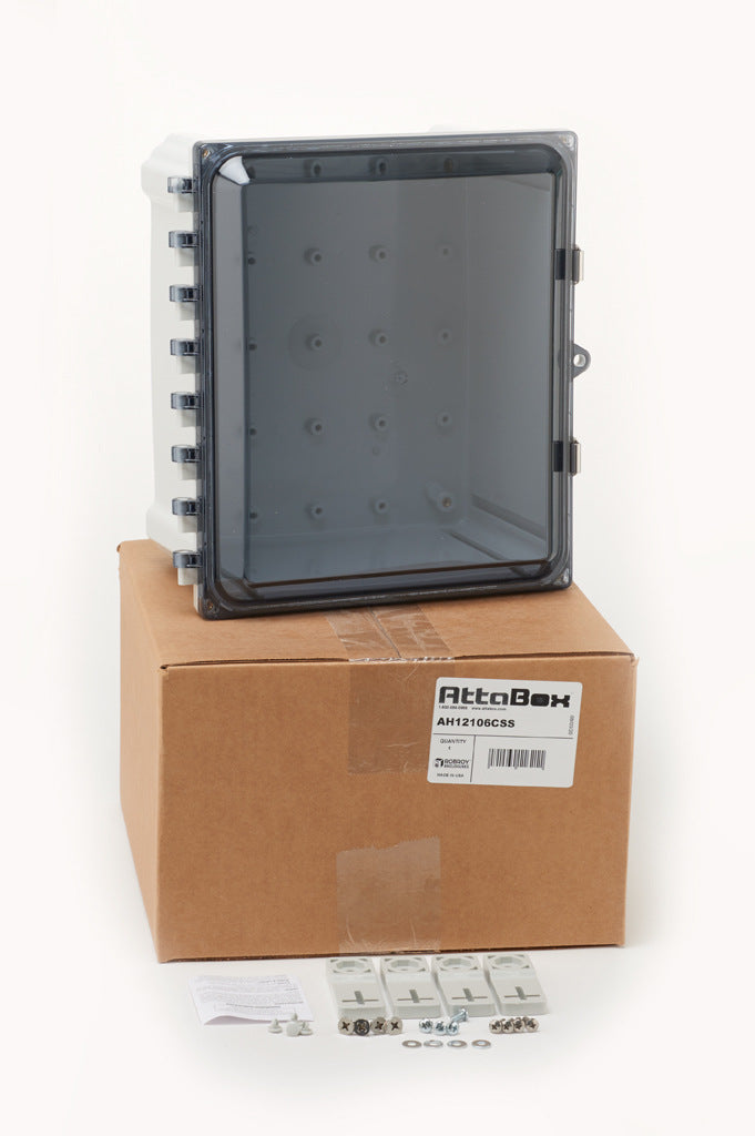 AttaBox Heartland series enclosure, NEMA 1/3R/4/4X/12, 12 x 10 x 6in (HxWxD), wall mount, polycarbonate, Pantone 7541 C light gray, smoked polycarbonate single-door, stainless steel quick-release latch.-AH12106CSS